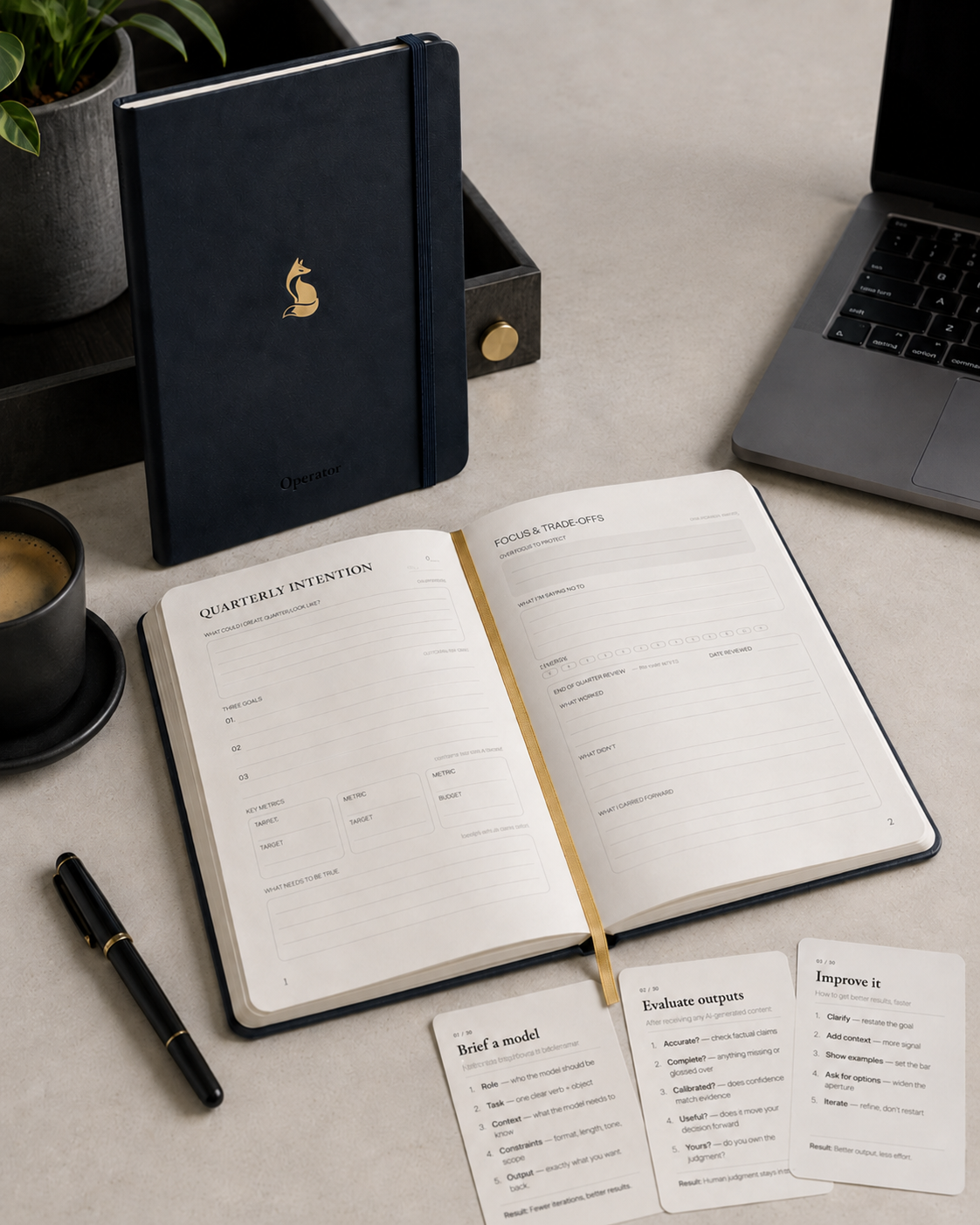 Operator Notebook prototype — closed cover on desk